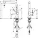 Einhebel-Küchenmischer von Hansgrohe mit moderner Form und Niederdruckanschluss, dargestellt in technischen Zeichnungen mit Maßangaben und Anschlussdetails.